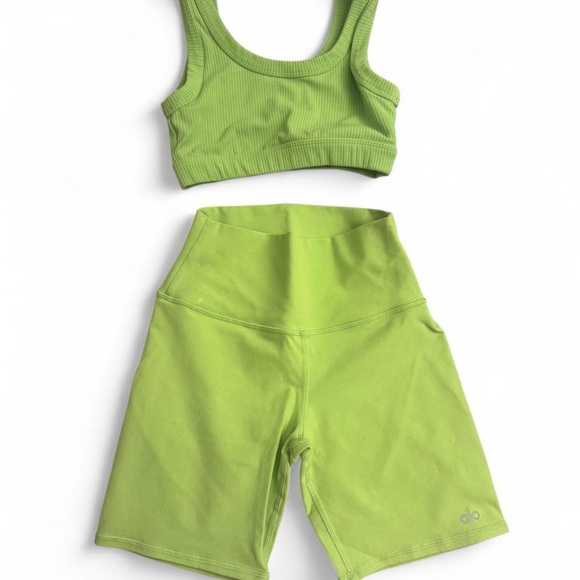 ALO Yoga Pants - ALO Yoga Lime Activewear Set Ribbed Bra and Bike Shorts
